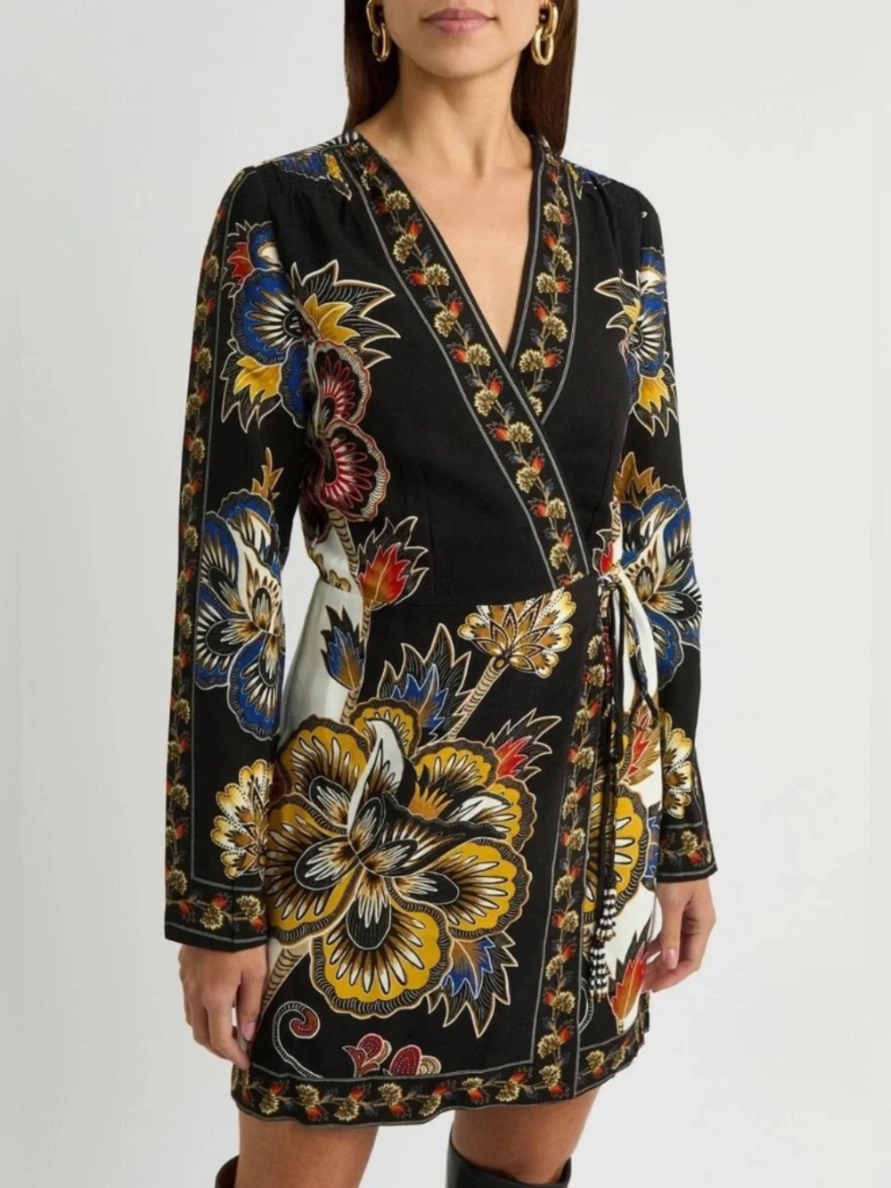 FARM Rio Black Multicolor Floral Long Sleeve Wrap Mini Dress XS